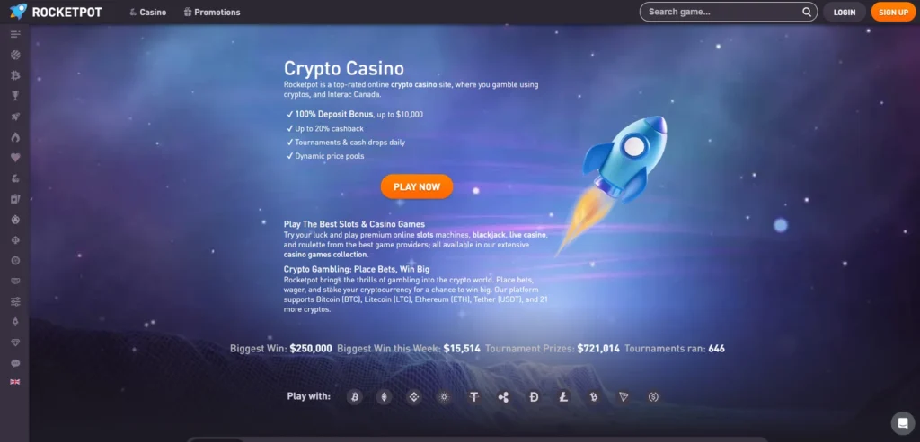 Die Hauptseite des Rocketpot Casinos mit den Spielkategorien.