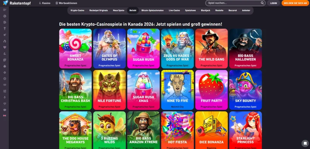 Eine große Auswahl an Spielautomaten im Rocketpot Casino.