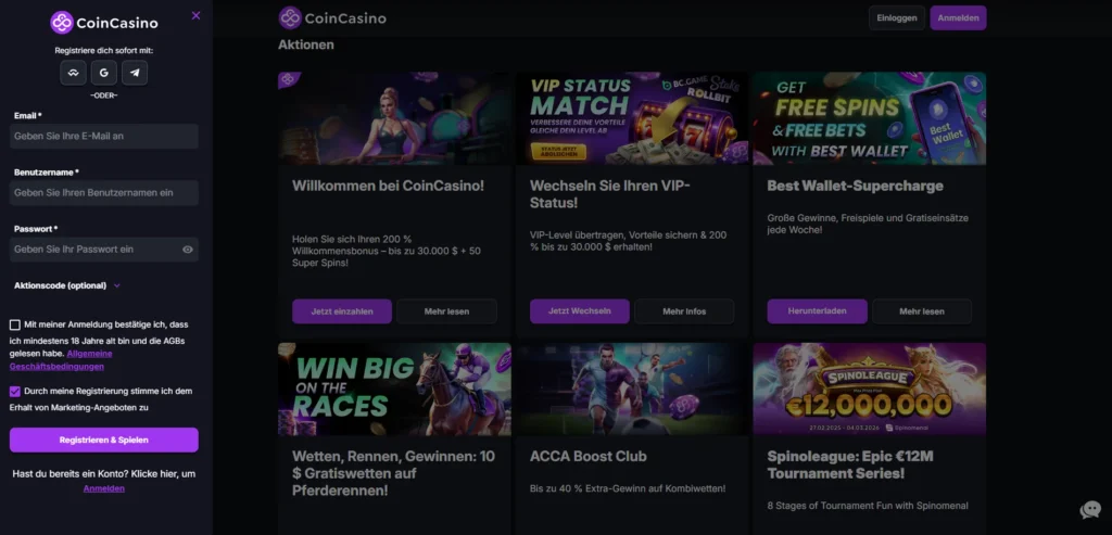 Registrierung für neue Spieler bei CoinCasino