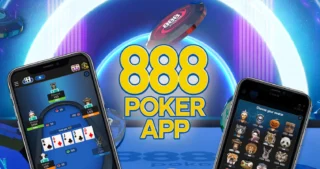 Promo-Banner der 888 Poker App: zentrales gelbes 888-Poker-App-Logo vor blauem Weltraumhintergrund, flankiert von Smartphones mit Poker-Spieloberflächen und fliegenden Casino-Chips.