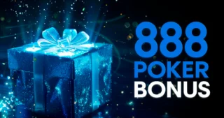 Der Text „888 Poker Bonus“ in gelben Buchstaben auf einer blauen Geschenkbox