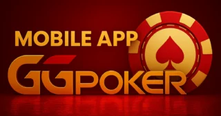 GGPoker Mobile App Banner mit großem Logo und goldenem Pokerchip auf rotem Hintergrund