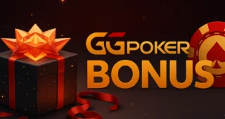 Schwarze Geschenkbox mit roter Schleife und leuchtendem Stern-Bow oben, daneben gold-roter Schriftzug ‚GGPoker Bonus‘ vor dunklem, funkelndem Hintergrund
