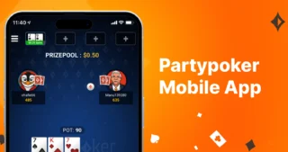 Partypoker Mobile App Banner mit Smartphone-Pokertisch und orangefarbenem Hintergrund mit Poker-Symbolen