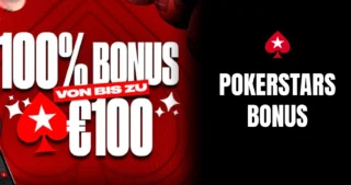 PokerStars Werbebanner mit rotem Hintergrund: 100 % Bonus von bis zu 100 €, großes Pik-Logo und weißer Schriftzug ‘PokerStars Bonus