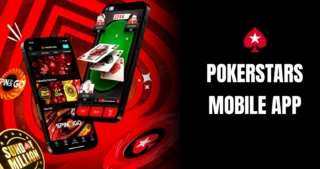 Zwei Smartphones mit der Benutzeroberfläche der PokerStars Mobile App vor einem leuchtend roten Hintergrund, mit dem PokerStars Logo und Spin & Go Spielelementen