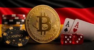 Bitcoin und Casino-Chips vor deutscher Flagge mit Spielkarten und Würfeln.