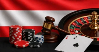 Richterhammer, Roulette und Pokerchips vor österreichischer Flagge