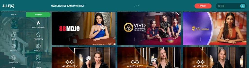 Live-Casino-Bereich von 22Bet mit Spielauswahl und Kategorien.