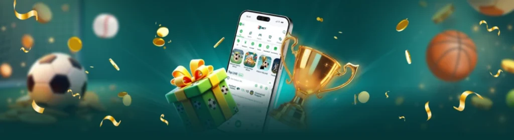 Werbegrafik der 22Bet Mobile App mit Smartphone, Pokal, Geschenkbox und Sportelementen.