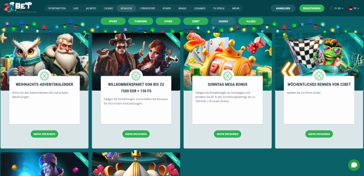 Übersicht der Bonusangebote bei 22Bet, inklusive Willkommensbonus und Aktionen.