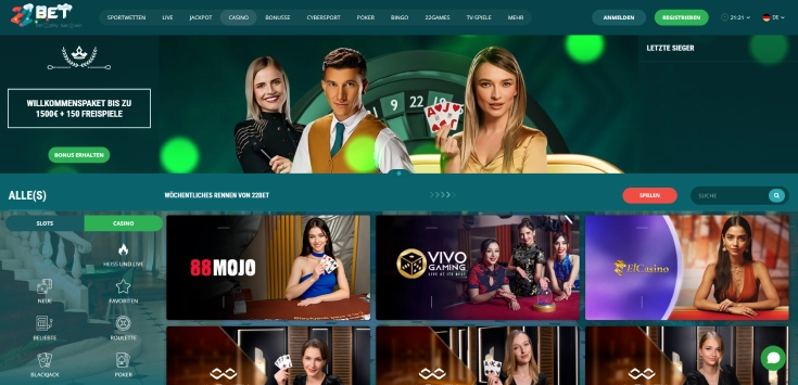 Startseite des 22Bet Casinos mit Live-Dealern und Spielkategorien.