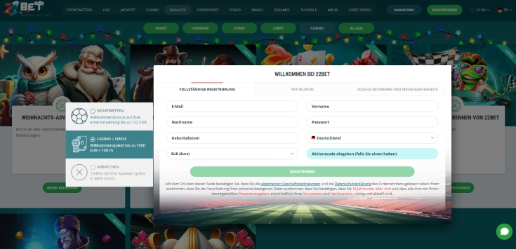 Registrierungsseite von 22Bet mit Anmeldeformular für neue Nutzer.