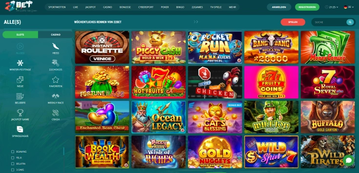 Spielautomaten-Auswahl im 22Bet Casino mit verschiedenen Slot-Titeln.