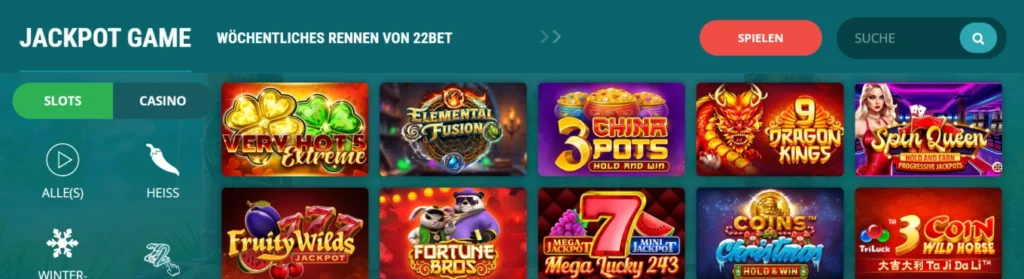 Jackpot-Spielbereich von 22Bet mit Auswahl an Slots und wöchentlichen Rennen.