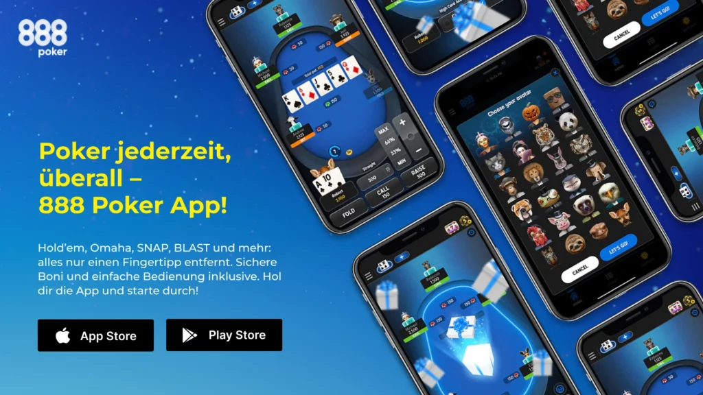 Werbebanner der 888 Poker App: mehrere Smartphones mit Poker-Tischen und Avatar-Auswahl auf blauem Weltraumhintergrund, Werbetext zur mobilen Poker-App sowie App-Store- und Google-Play-Buttons.