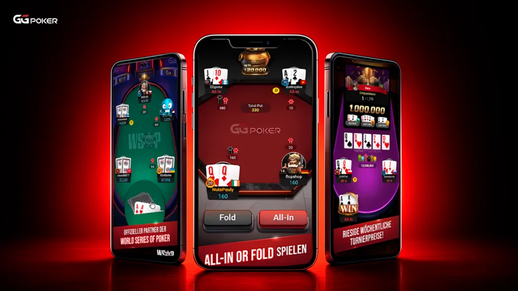 GGPoker App Vorschau mit drei Smartphones, die Pokerspiele, WSOP-Tische und wöchentliche Turnierpreise auf rotem Hintergrund zeigen
