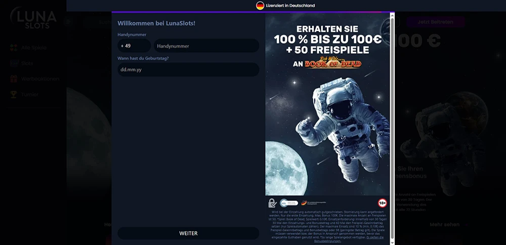 Registrierungsseite von Luna Slots