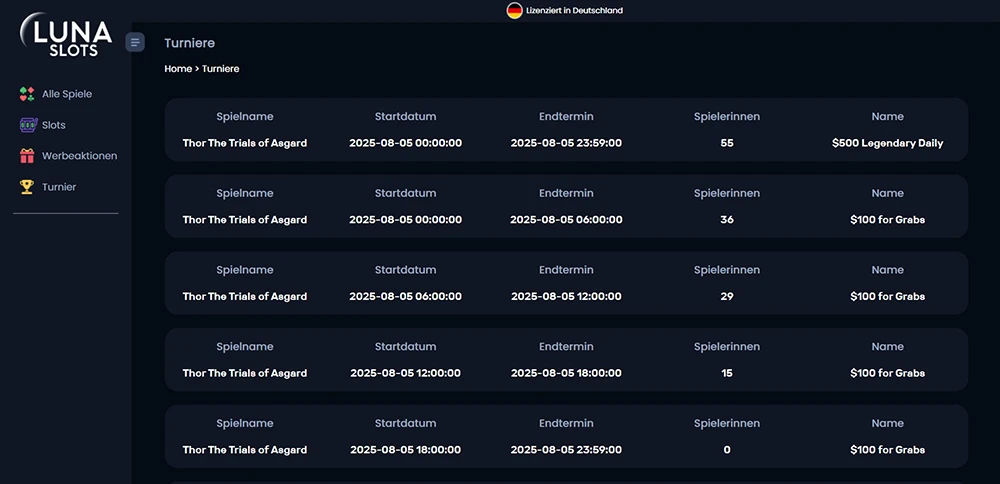 Turnierseite Luna Slots