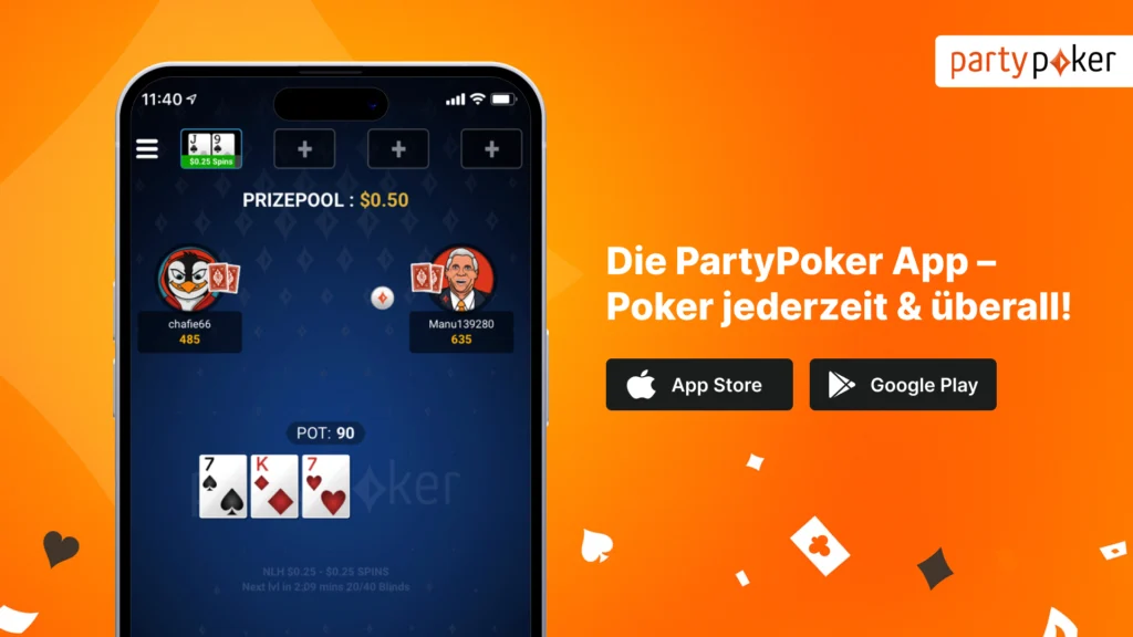 PartyPoker App Banner mit mobilem Pokerspiel auf dem Smartphone, Partypoker-Logo sowie App-Store- und Google-Play-Buttons
