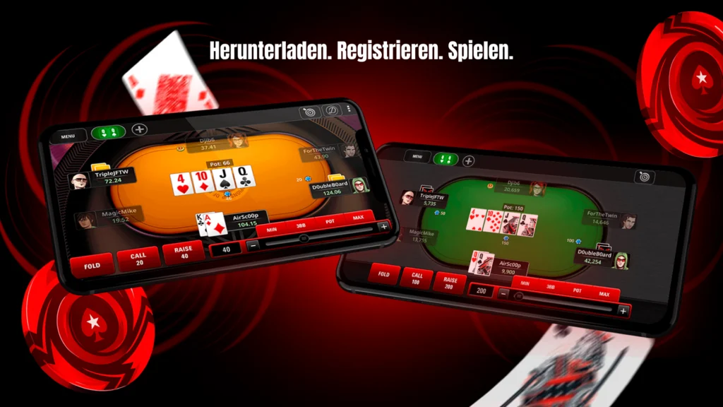 Zwei Pokertische in der PokerStars Mobile App vor rotem Hintergrund, sichtbar die Texas Hold’em Spieloberfläche, darüber der Text „Herunterladen. Registrieren. Spielen.“