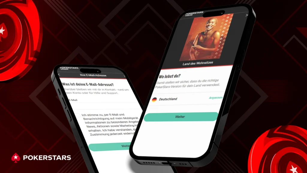 Registrierungsbildschirm der PokerStars Mobile App auf zwei Smartphones, angezeigt werden Länderauswahl und Eingabefelder vor dunkelrotem Hintergrund
