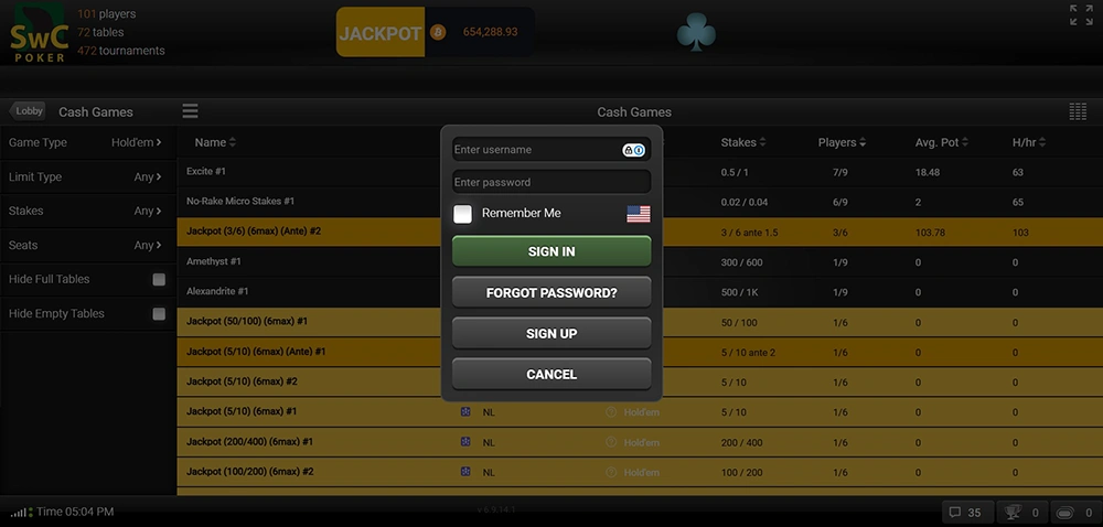 Registrierungsseite SwC Poker