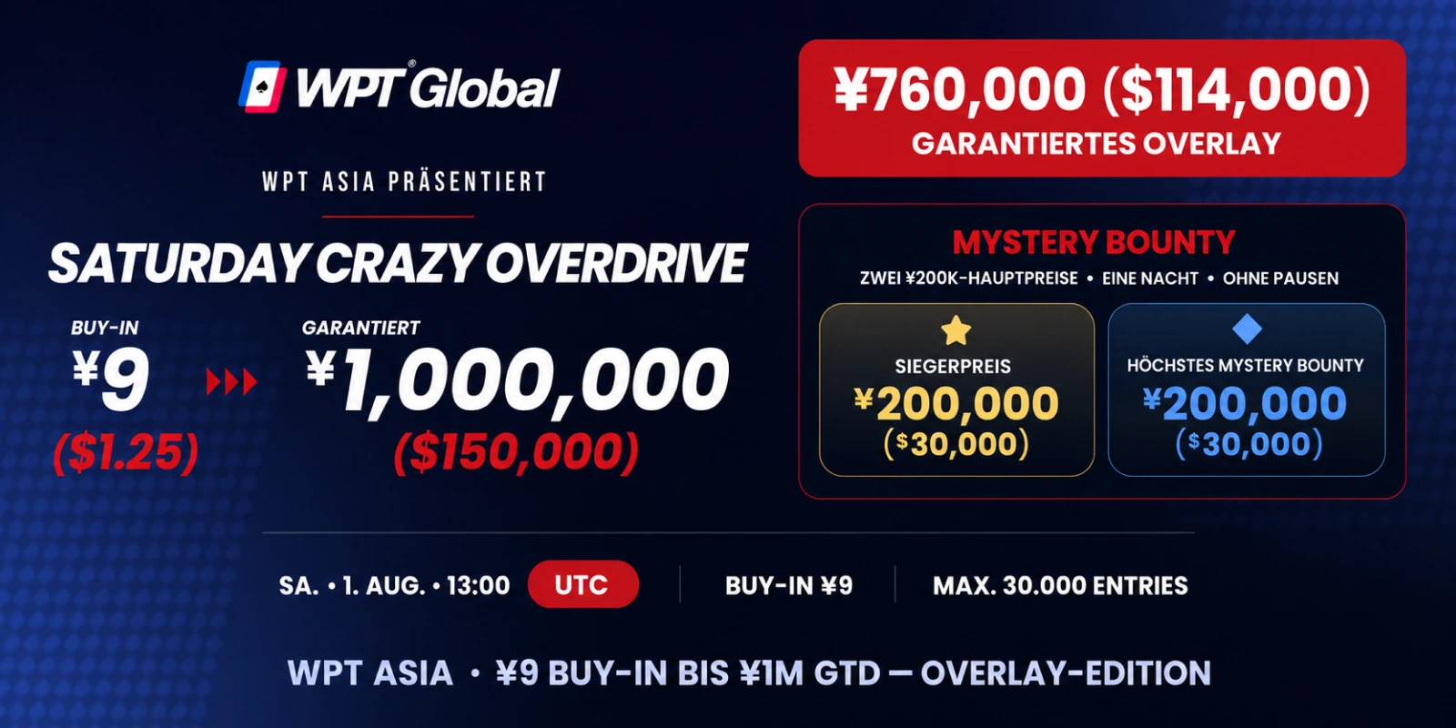 Overlay garantiert: Verpasst nicht den Saturday Crazy Overdrive bei WPT Global!