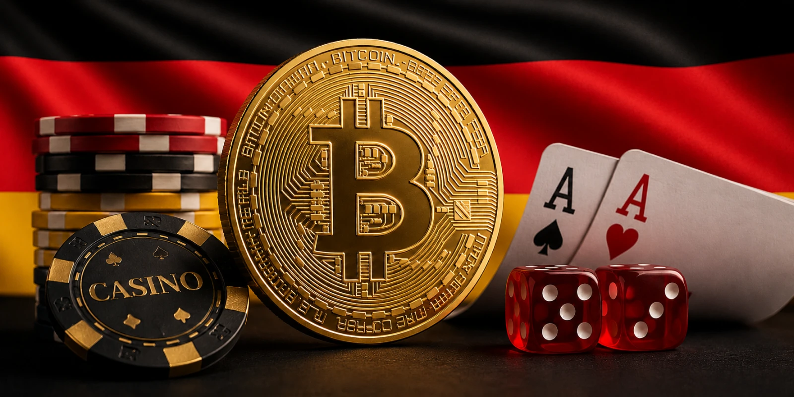 Bitcoin und Casino-Chips vor deutscher Flagge mit Spielkarten und Würfeln.