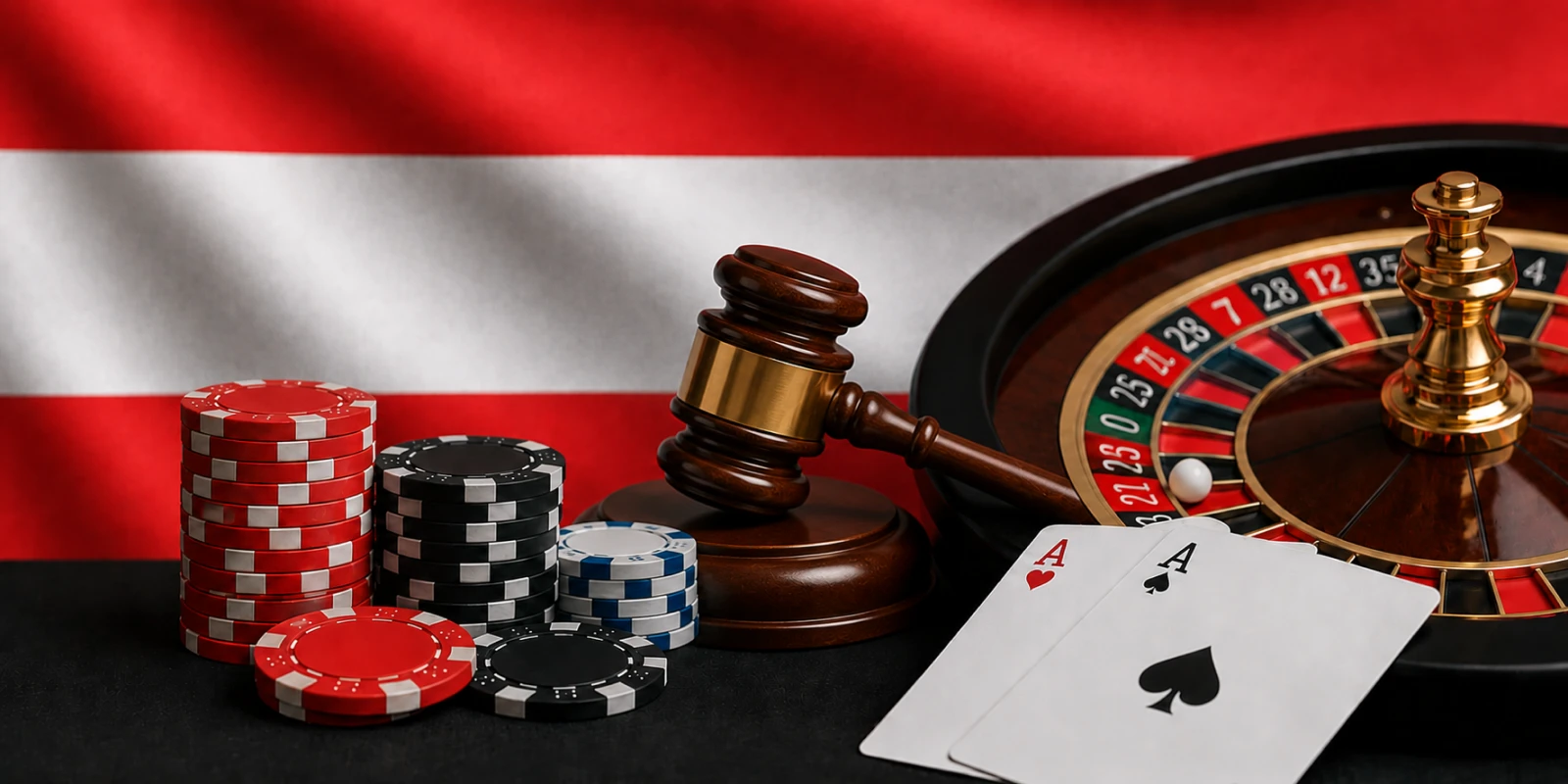 Richterhammer, Roulette und Pokerchips vor österreichischer Flagge