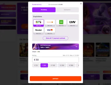 Zahlungsmethode auswählen, um die erste Einzahlung vorzubereiten.