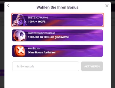 Optional einen Bonuscode eingeben, falls du den Willkommensbonus nutzen möchtest.