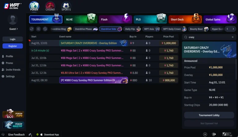 Saturday Crazy Overdrive in der Lobby von WPT Global