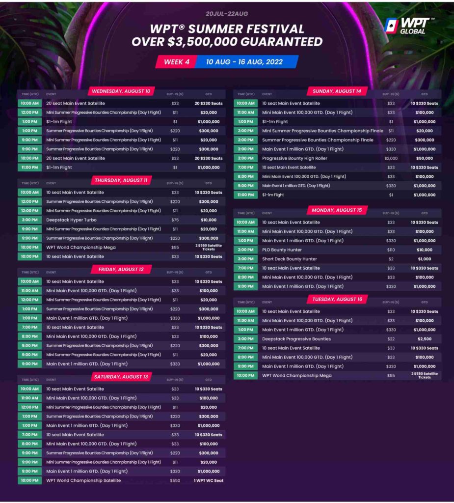 Terminplan des Summer Festivals auf WPT Global