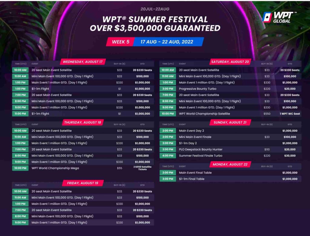 Terminplan des Summer Festivals auf WPT Global